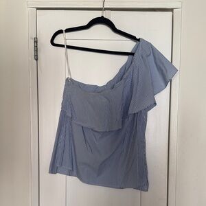 Lauren Ralph Lauren Blue and White Striped One-Shoulder Blouse